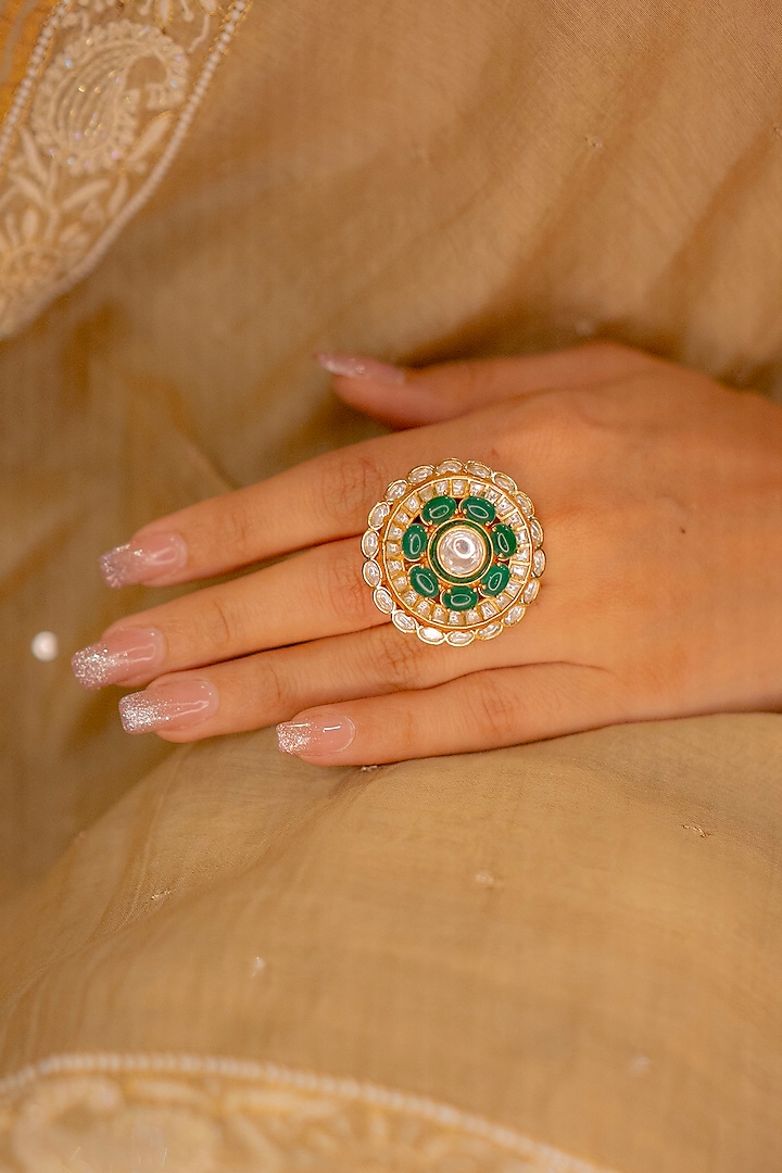 Gold Finish Kundan Polki & Emerald Stone Floral Ring by EKATHVA JAIPUR at Pernia's Pop Up Shop