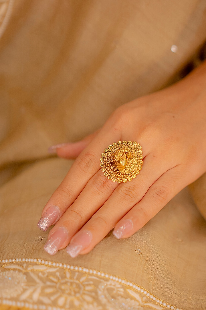 Gold Finish Kundan Polki & Leaf Motif Temple Ring by EKATHVA JAIPUR at Pernia's Pop Up Shop