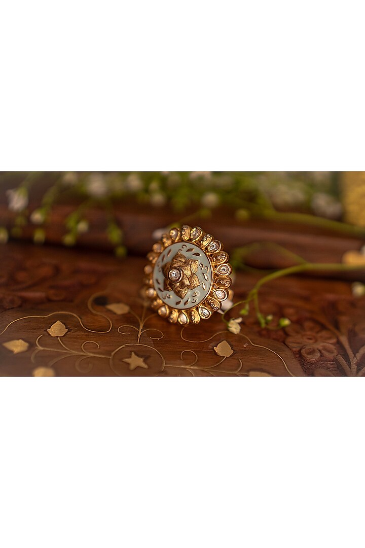 Gold Finish Floral Motif Mint Meenakari Ring by EKATHVA JAIPUR at Pernia's Pop Up Shop