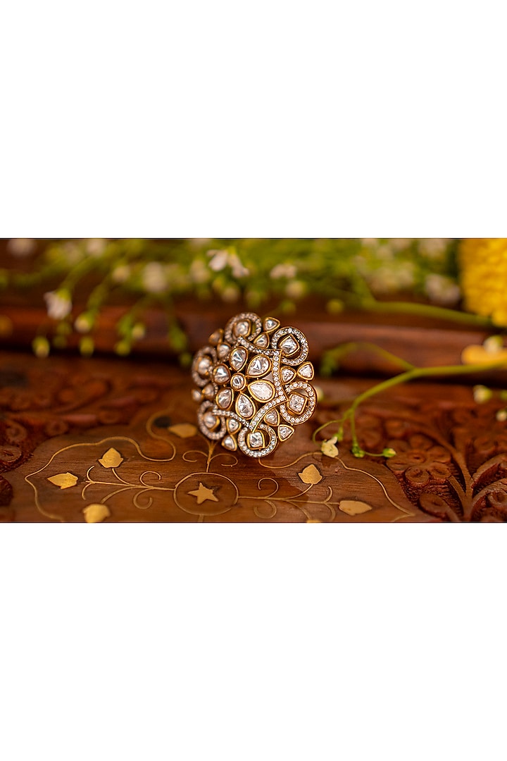 Black Rhodium Finish Kundan Polki & Floral Motif Ring by EKATHVA JAIPUR at Pernia's Pop Up Shop