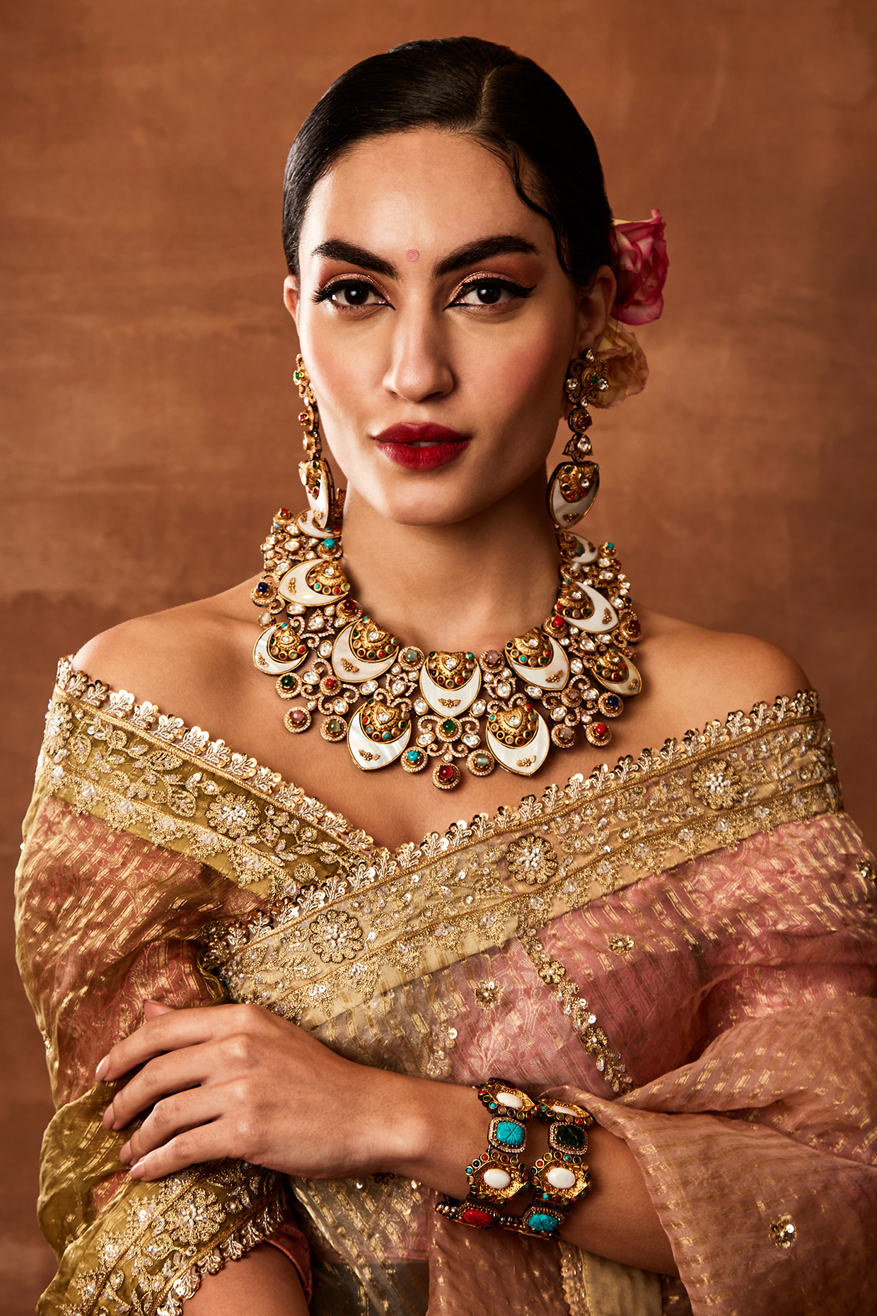 Gold Finish Navratna Stone Necklace Set by EKATHVA JAIPUR at Pernia's Pop Up Shop
