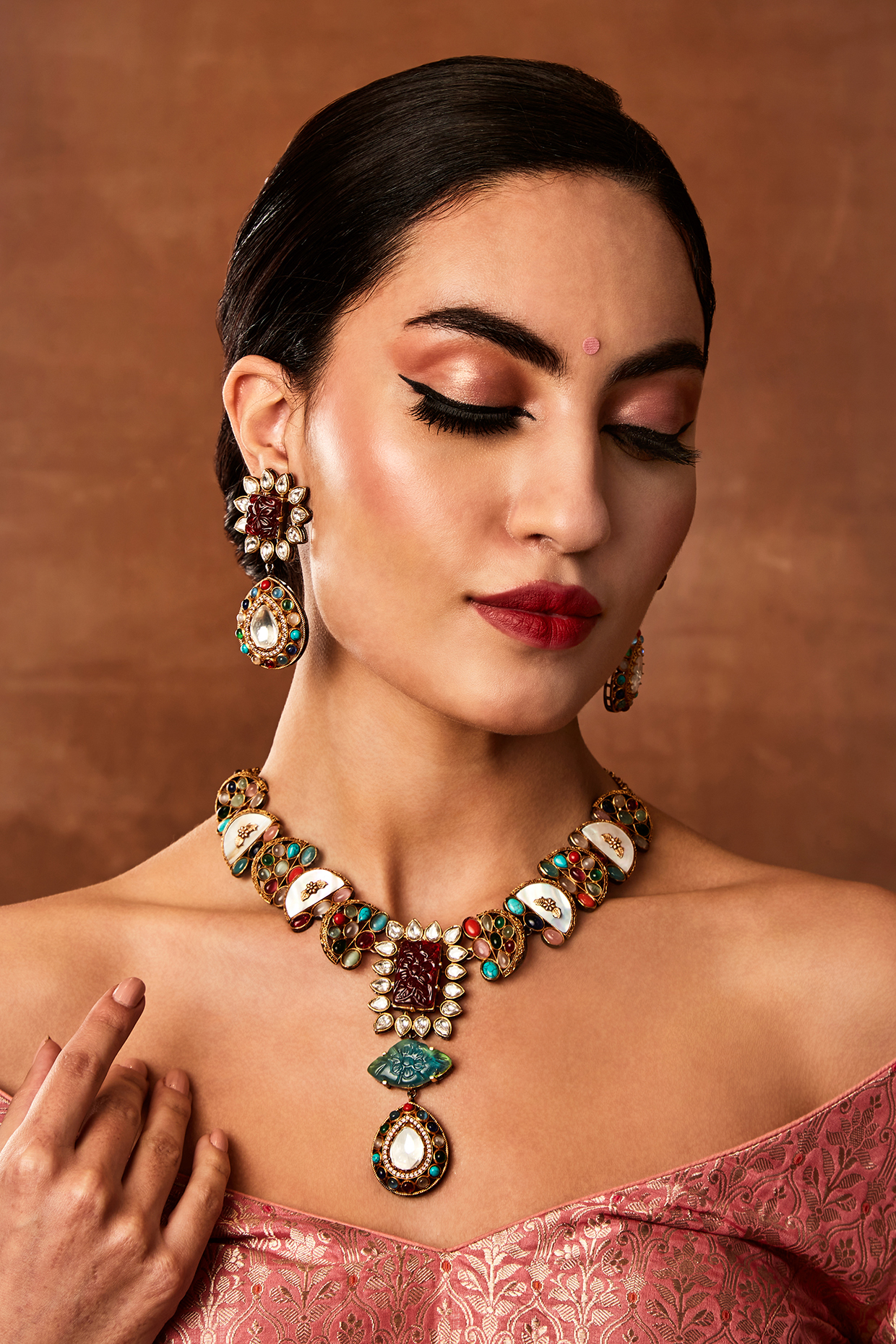 Gold Finish Navratna Stone Necklace Set by EKATHVA JAIPUR at Pernia's Pop Up Shop