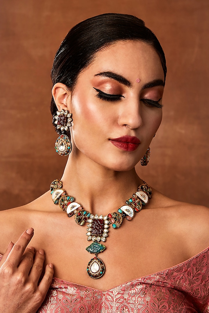 Gold Finish Navratna Stone Necklace Set by EKATHVA JAIPUR at Pernia's Pop Up Shop
