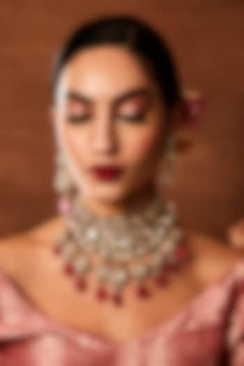 Silver Finish Kundan Polki & Ruby Beaded Meenakari Choker Necklace Set by EKATHVA JAIPUR at Pernia's Pop Up Shop