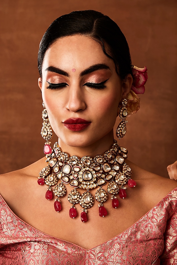 Silver Finish Kundan Polki & Ruby Beaded Meenakari Choker Necklace Set by EKATHVA JAIPUR at Pernia's Pop Up Shop