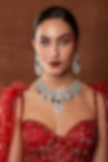 White Finish Swarovski Stone & Emerald Diamond Necklace Set by EKATHVA JAIPUR at Pernia's Pop Up Shop