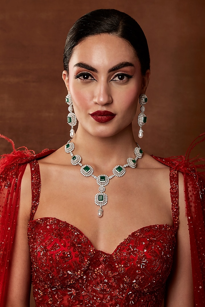 White Finish Swarovski Crystal & Pearl Necklace Set by EKATHVA JAIPUR at Pernia's Pop Up Shop