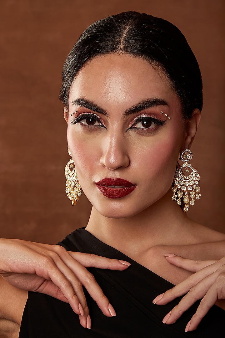 Gold Finish Moissanite Polki & Pearl Dangler Earrings by EKATHVA JAIPUR at Pernia's Pop Up Shop