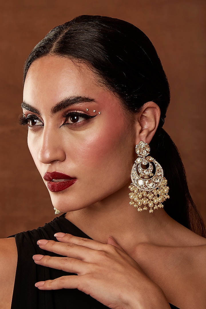 Gold Finish Kundan Polki & Pearl Chandbali Earrings by EKATHVA JAIPUR at Pernia's Pop Up Shop