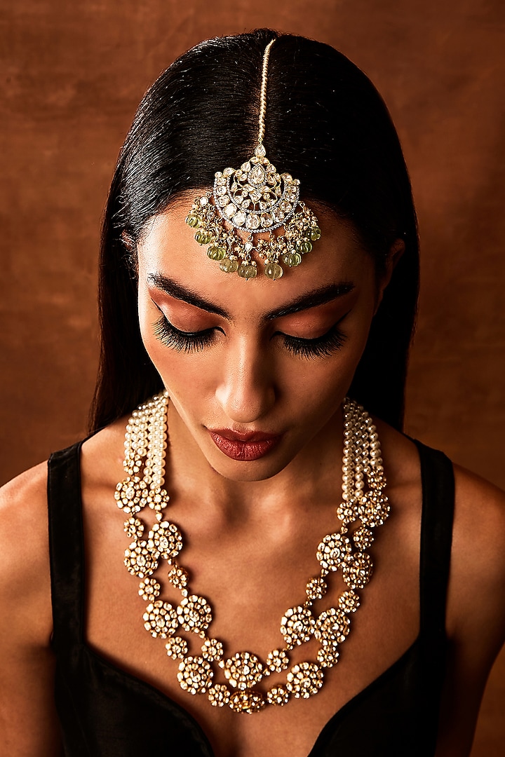 Gold Finish Kundan Polki & Mint Beaded Maang Tikka In Sterling Silver by EKATHVA JAIPUR at Pernia's Pop Up Shop