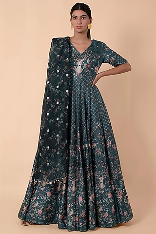 Teal Handwoven Printed Anarkali Set by Ekaya