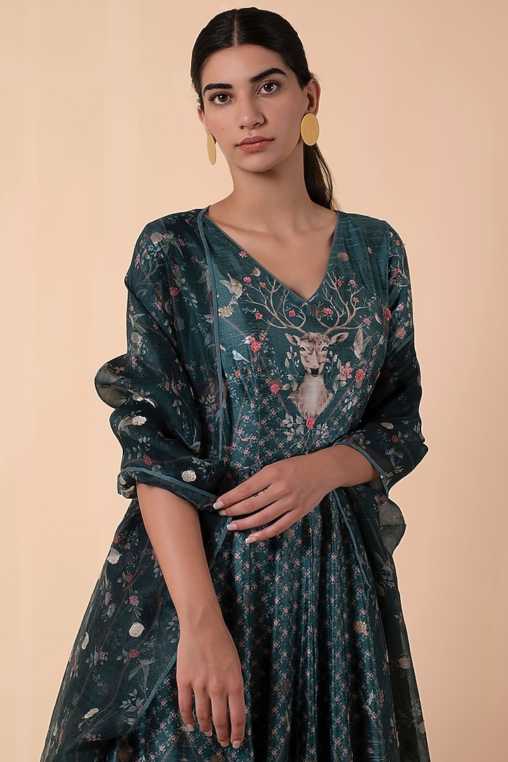 Teal Handwoven Printed Wedding Anarkali Set by Ekaya at Pernia's Pop Up Shop