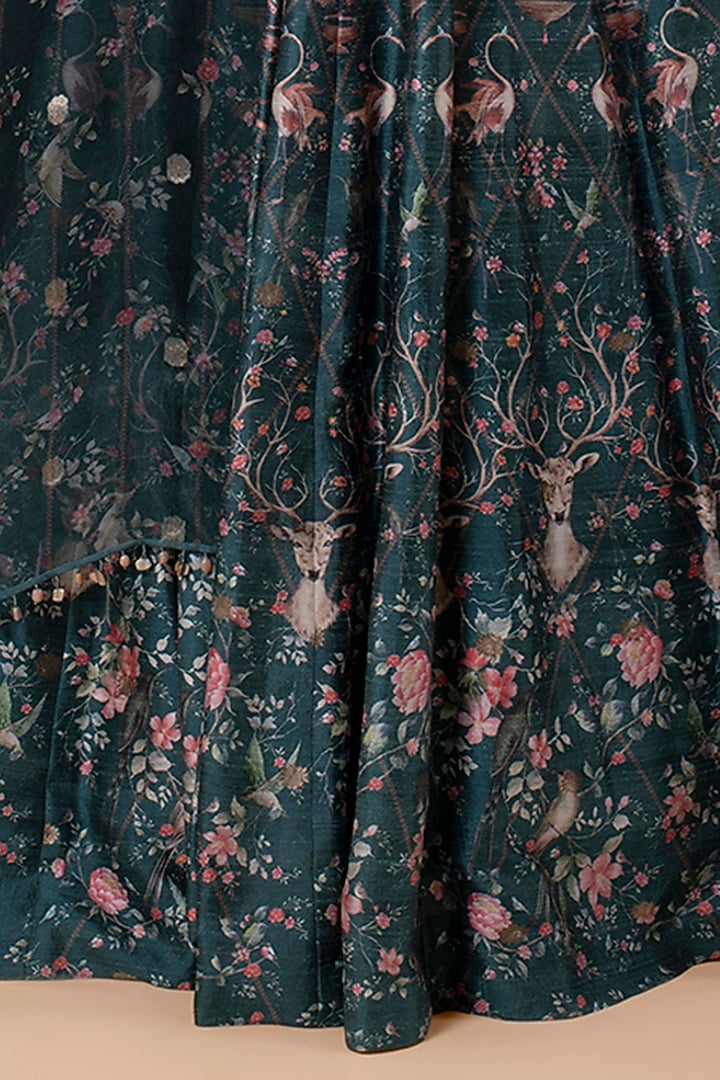 Teal Handwoven Printed Wedding Anarkali Set by Ekaya at Pernia's Pop Up Shop
