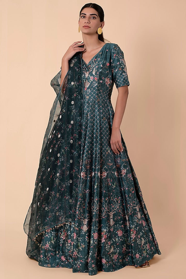 Teal Handwoven Printed Wedding Anarkali Set by Ekaya at Pernia's Pop Up Shop