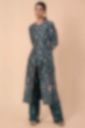 Teal Silk Handwoven Kurta Set by Ekaya