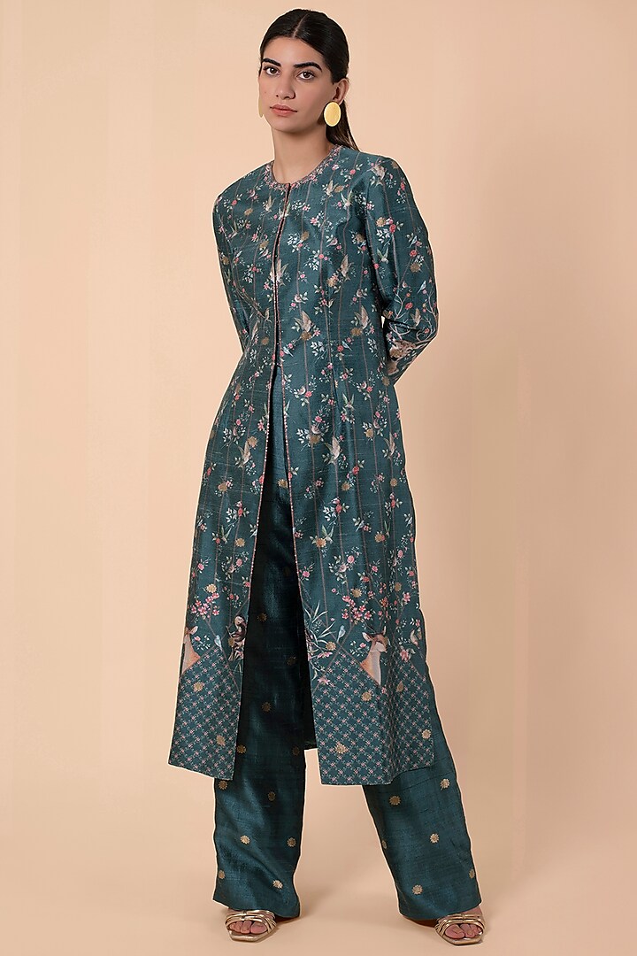 Teal Silk Handwoven Kurta Set by Ekaya