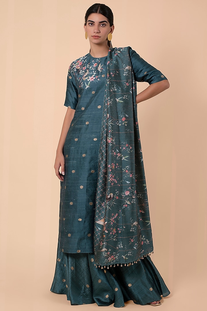 Teal Silk Handwoven Printed Kurta Set by Ekaya