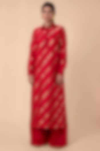 Red Silk Handwoven Kurta Set by Ekaya