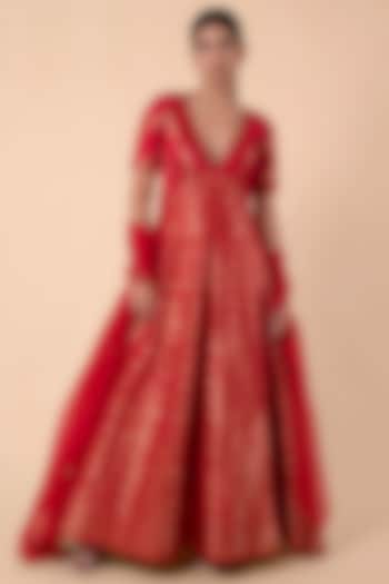Red Silk Handwoven Anarkali Set by Ekaya