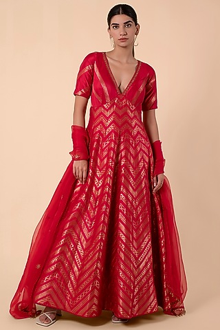 Red Silk Handwoven Anarkali Set by Ekaya
