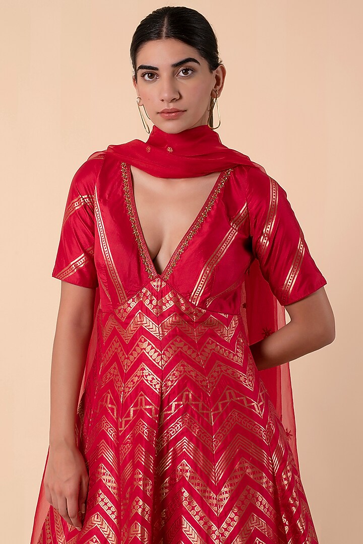Red Silk Handwoven Bridal Anarkali Set by Ekaya at Pernia's Pop Up Shop