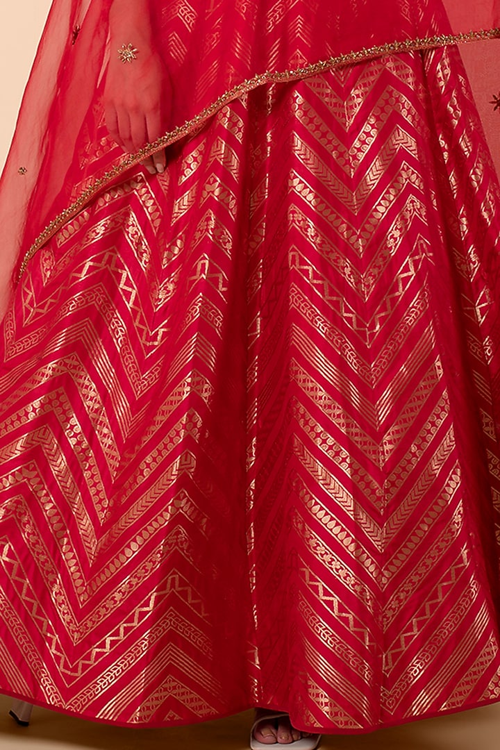 Red Silk Handwoven Bridal Anarkali Set by Ekaya at Pernia's Pop Up Shop