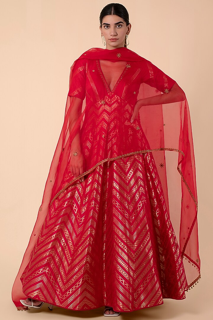 Red Silk Handwoven Bridal Anarkali Set by Ekaya at Pernia's Pop Up Shop