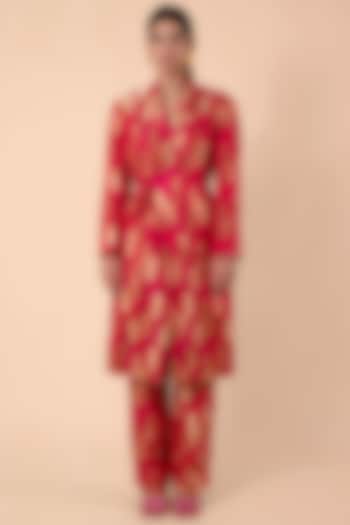 Red Handwoven Silk Jacket Set by Ekaya at Pernia's Pop Up Shop