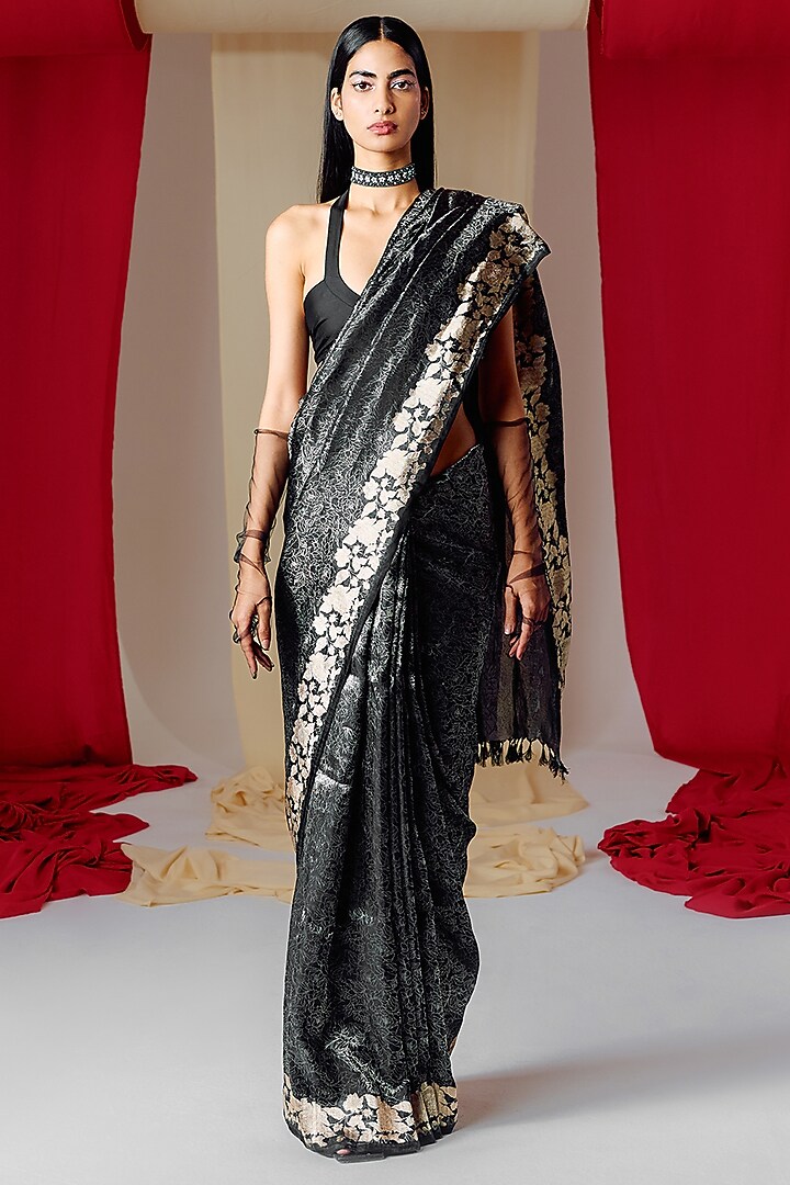 Black Silk Handwoven Banarasi Kadwa Wedding Saree Set by Ekaya at Pernia's Pop Up Shop