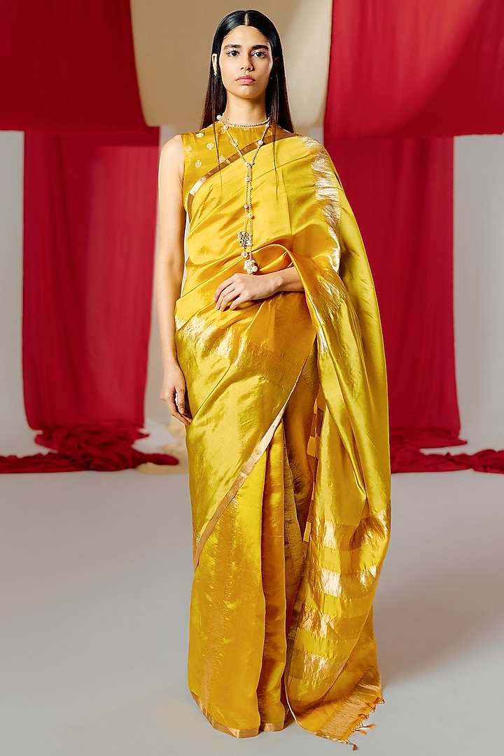 Yellow Silk Handwoven Banarasi Kadwa Saree Set by Ekaya at Pernia's Pop Up Shop