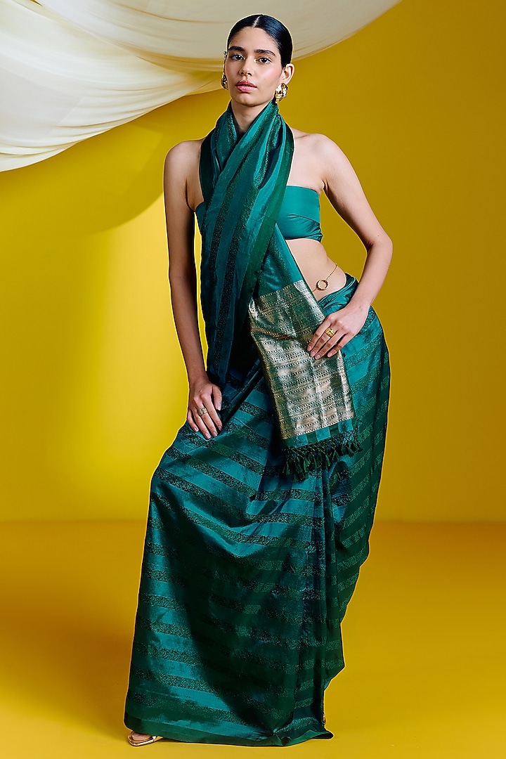 Green Silk Handwoven Banarasi Kadwa Saree Set by Ekaya at Pernia's Pop Up Shop