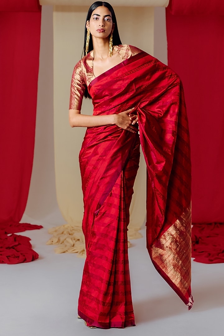 Red Silk Handwoven Banarasi Kadwa Party Wear Saree Set by Ekaya at Pernia's Pop Up Shop