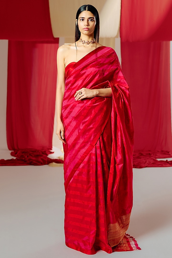 Red Silk Handwoven Banarasi Kadwa Saree Set by Ekaya
