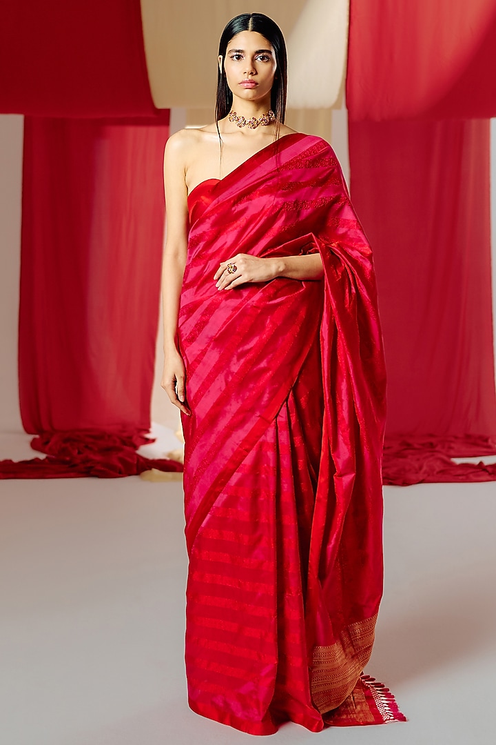 Red Silk Handwoven Banarasi Kadwa Saree Set by Ekaya at Pernia's Pop Up Shop