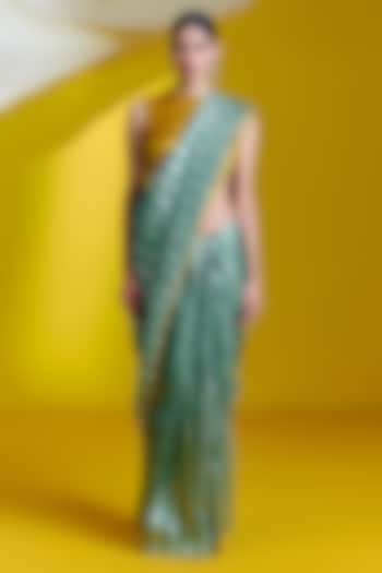 Green Silk Handwoven Banarasi Kadwa Saree Set by Ekaya