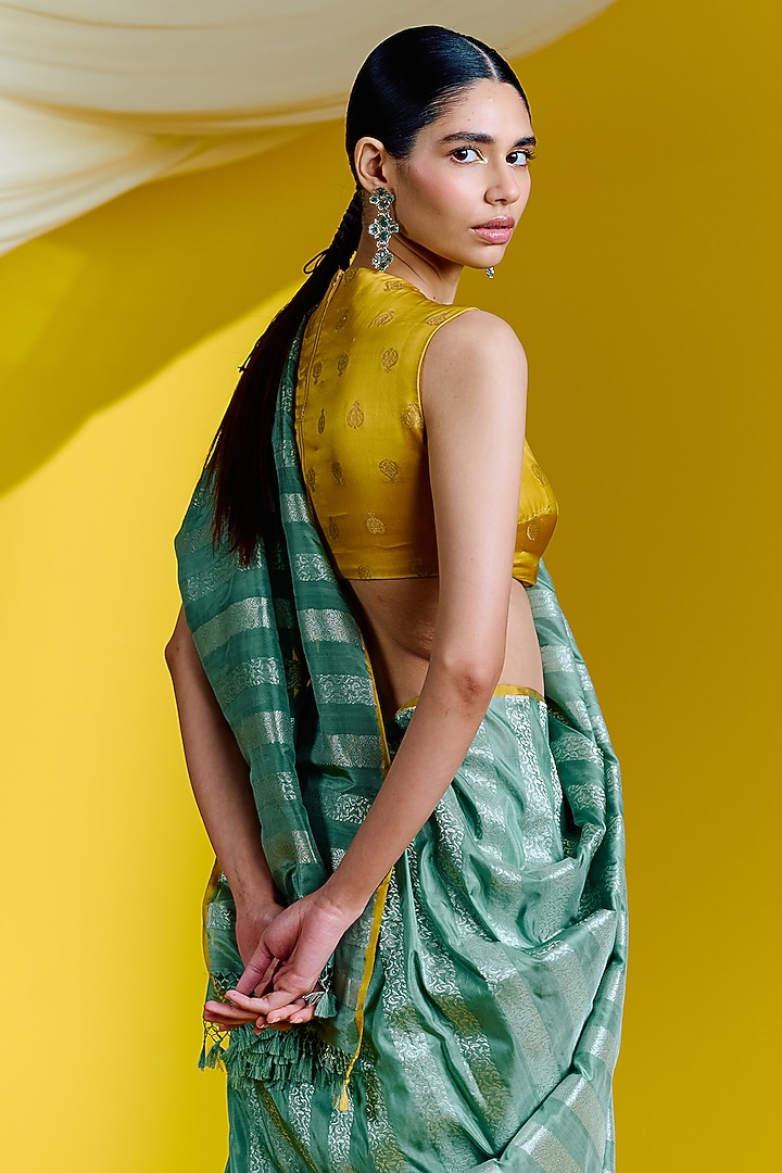 Green Silk Handwoven Banarasi Kadwa Wedding Saree Set by Ekaya at Pernia's Pop Up Shop