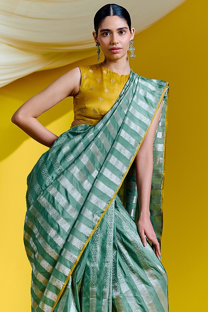 Green Silk Handwoven Banarasi Kadwa Wedding Saree Set by Ekaya at Pernia's Pop Up Shop