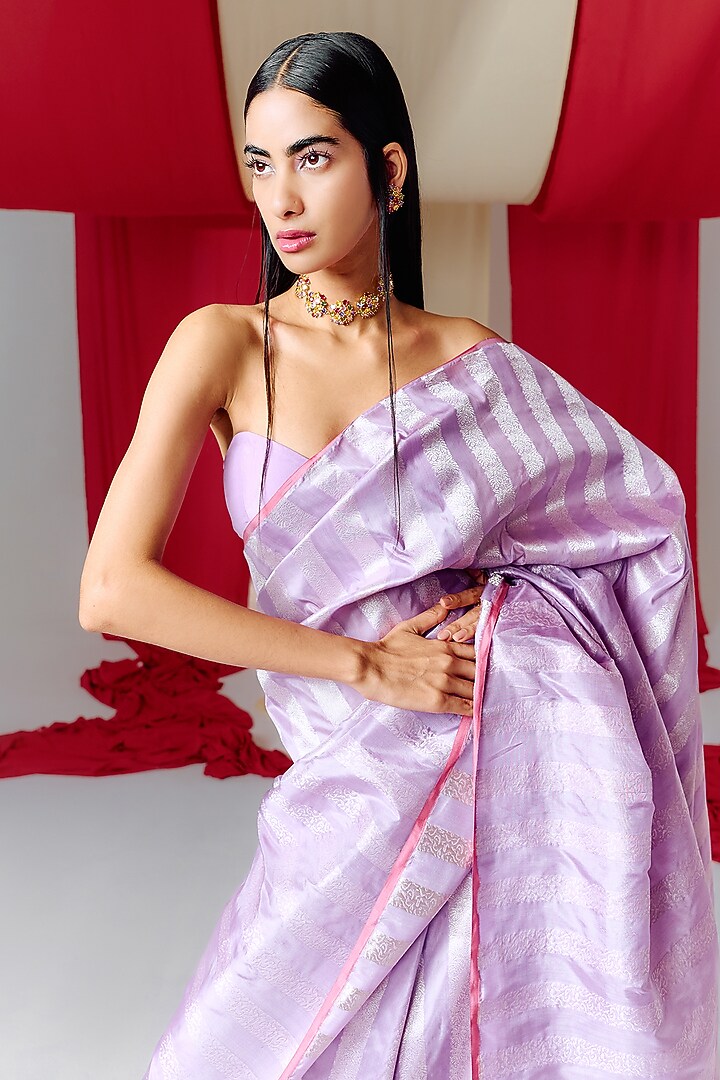 Mauve Silk Handwoven Banarasi Kadwa Wedding Saree Set by Ekaya at Pernia's Pop Up Shop