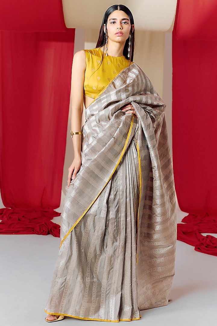 Grey Silk Handwoven Banarasi Kadwa Saree Set by Ekaya