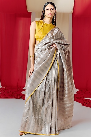 Grey Silk Handwoven Banarasi Kadwa Saree Set by Ekaya