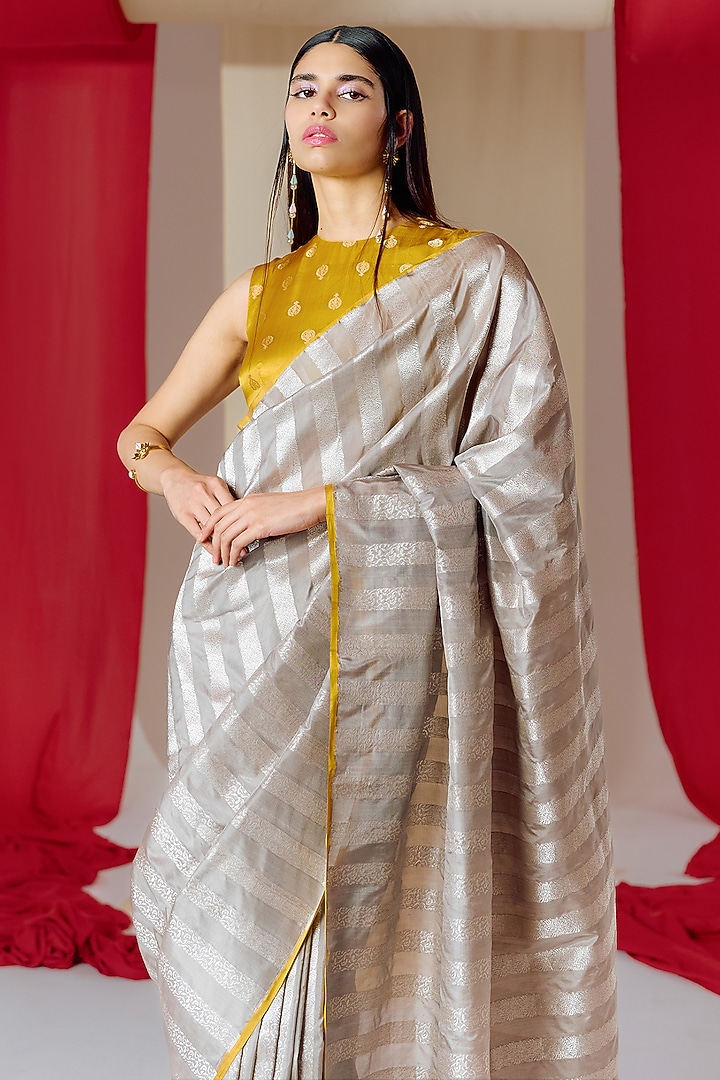 Grey Silk Handwoven Banarasi Kadwa Wedding Saree Set by Ekaya at Pernia's Pop Up Shop