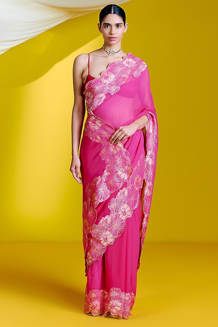 Pink Georgette Banarasi Cutwork Handwoven Saree Set by Ekaya