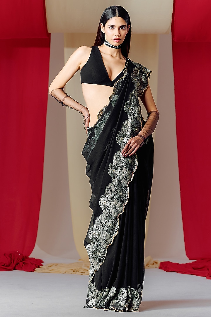Black Georgette Banarasi Cutwork Handwoven Party Wear Saree Set by Ekaya at Pernia's Pop Up Shop