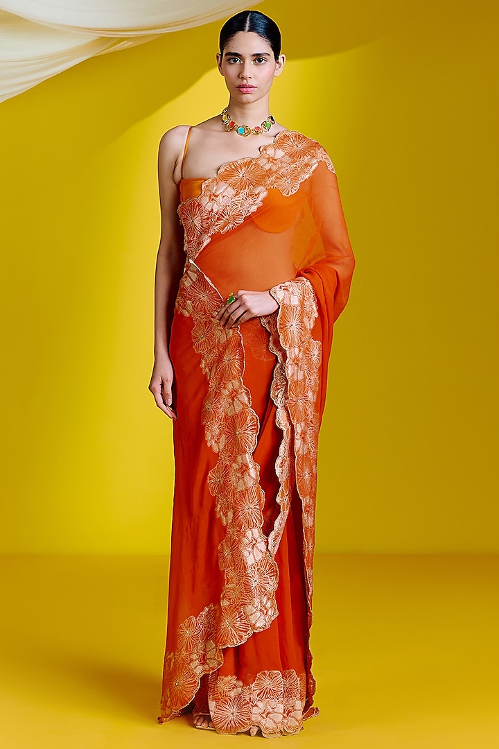 Orange Georgette Banarasi Cutwork Handwoven Saree Set by Ekaya