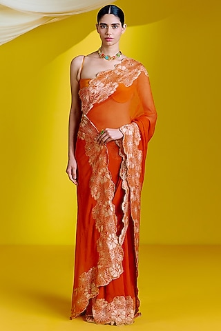 Orange Georgette Banarasi Cutwork Handwoven Saree Set by Ekaya
