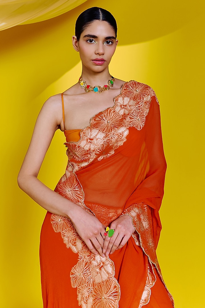 Orange Georgette Banarasi Cutwork Handwoven Party Wear Saree Set by Ekaya at Pernia's Pop Up Shop