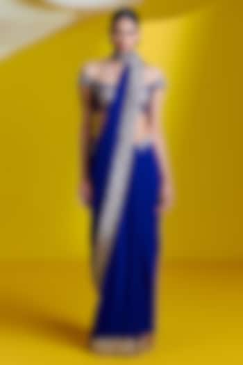 Blue Georgette Banarasi Cutwork Handwoven Saree Set by Ekaya