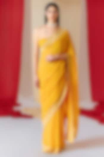Yellow Georgette Banarasi Cutwork Handwoven Saree Set by Ekaya