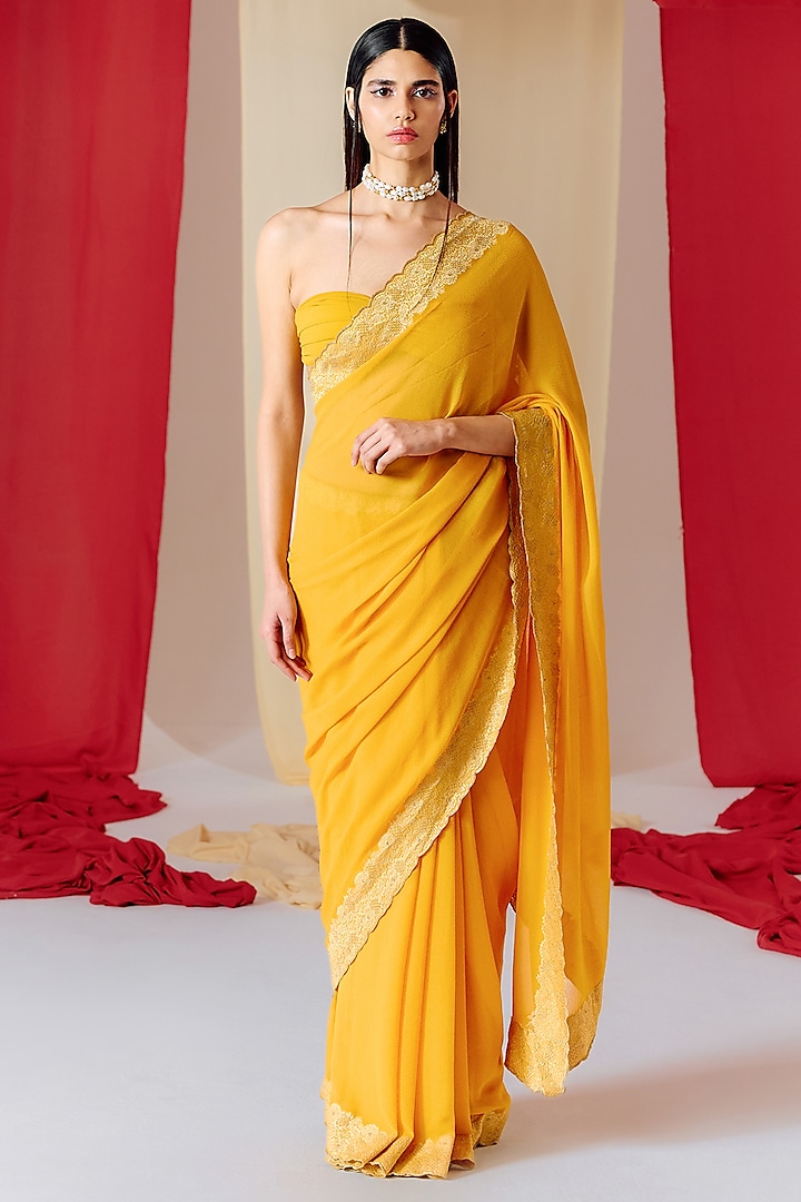 Yellow Georgette Banarasi Cutwork Handwoven Saree Set by Ekaya