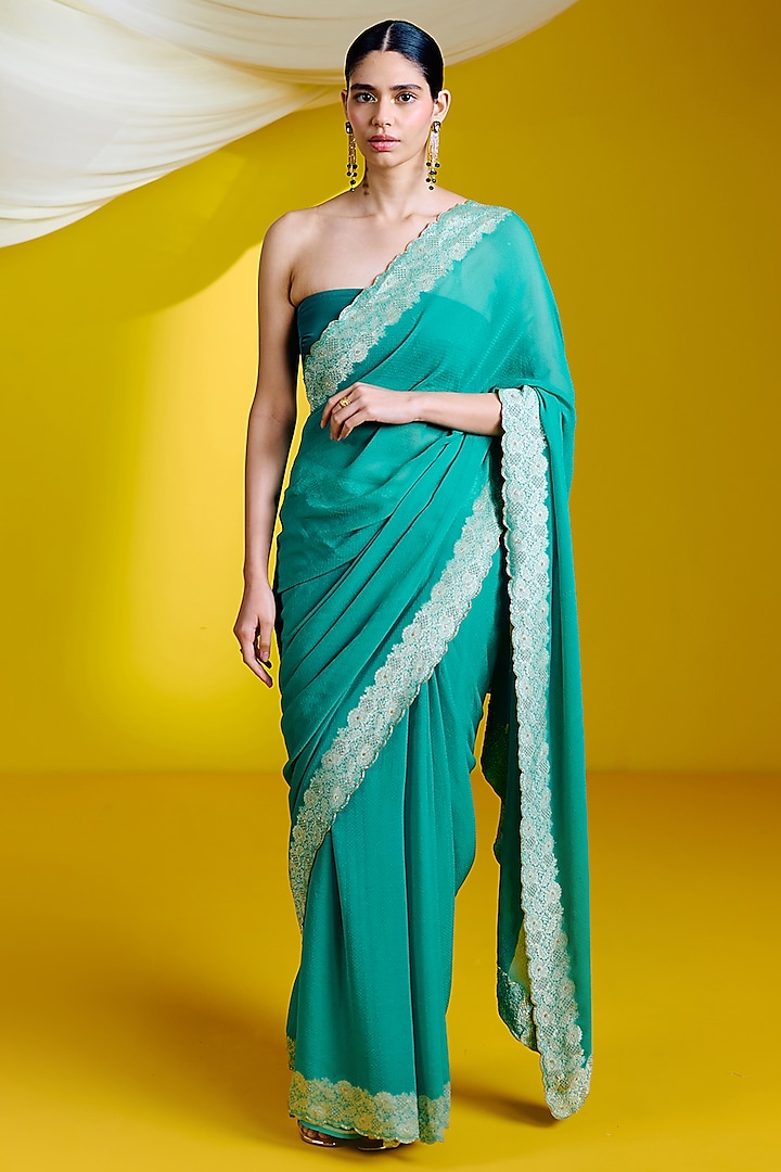 Green Georgette Banarasi Cutwork Handwoven Saree Set by Ekaya